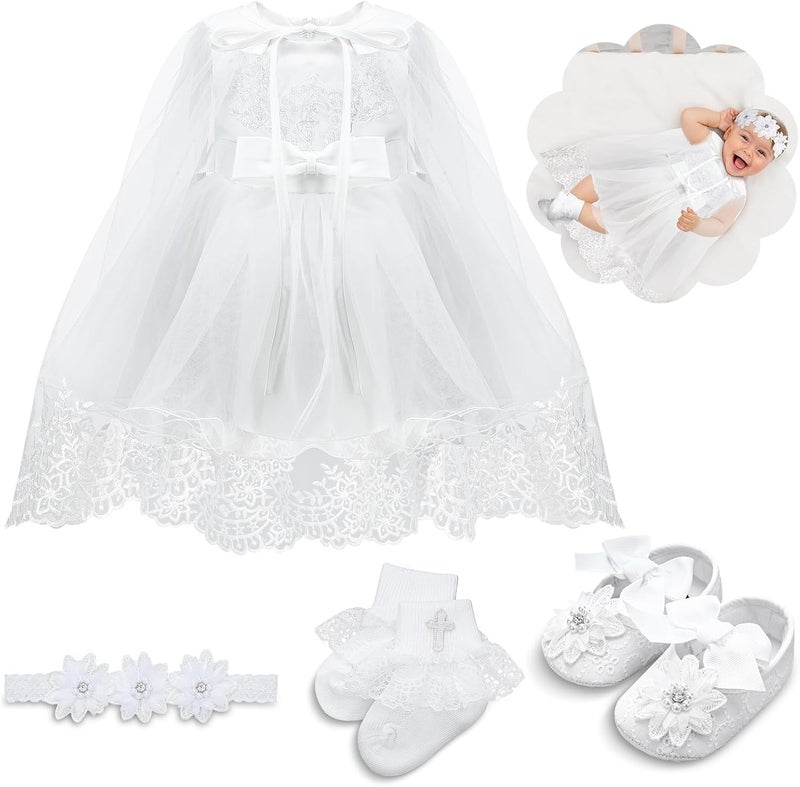 Cutecrop 5 Pcs Baptism Outfit for Baby Girls Christening Outfit Socks Shoes First Communion for Infant Toddler - Image 1